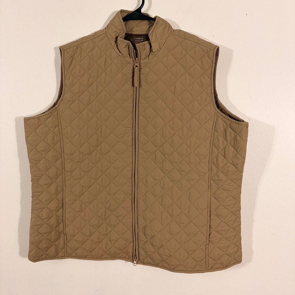 Relativity Quilted Vest Womens 2X Tan Diamond Stitch Zip Up Pockets